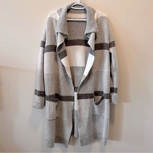 Cozy Open Long Striped Gray Knit Cardigan with Pockets